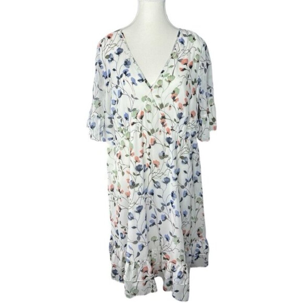 Junarose Womens White Floral V-Neck Ruffle Hem Short Sleeve‎ Dress US 14